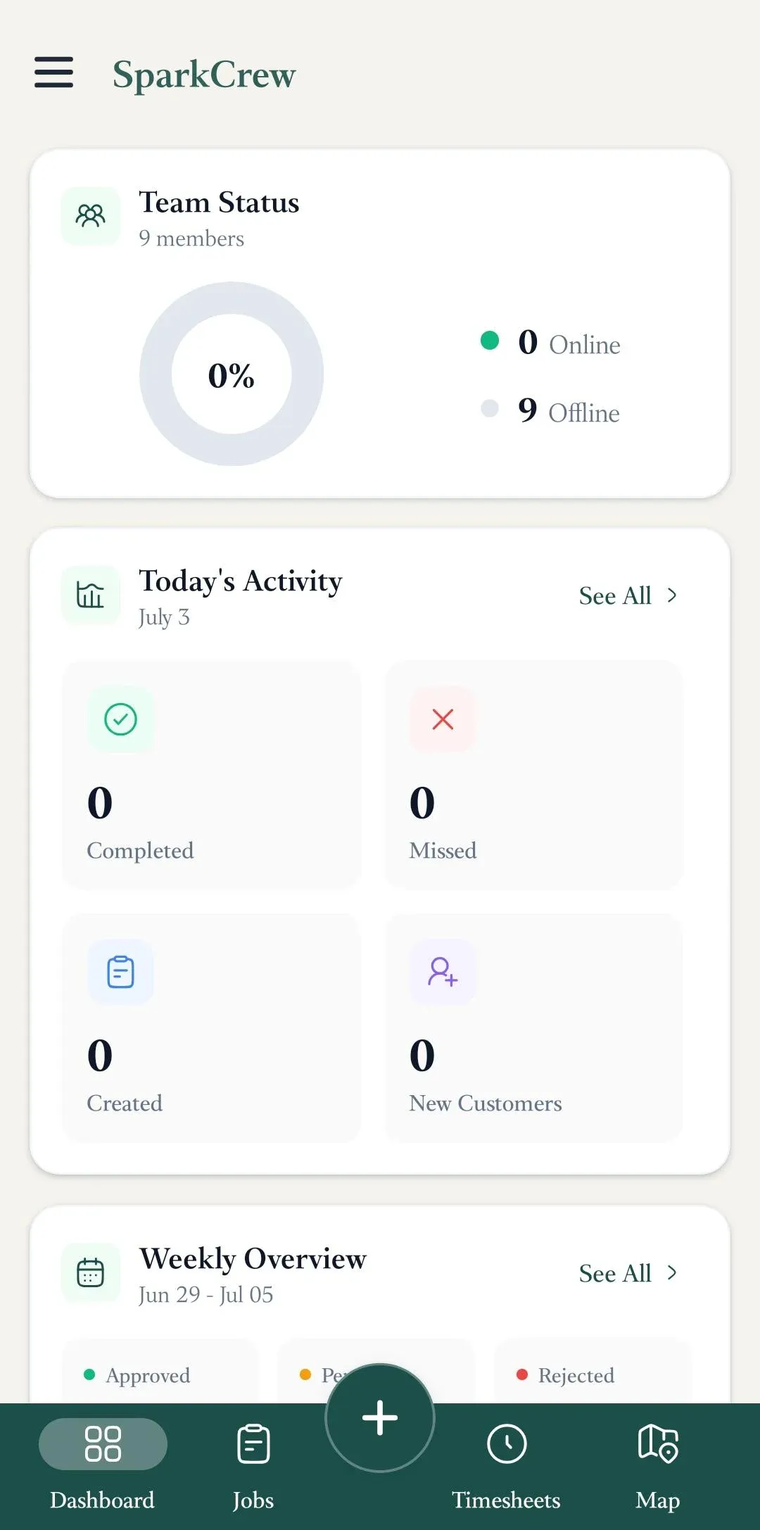 FieldTask mobile dashboard showing team status and activity