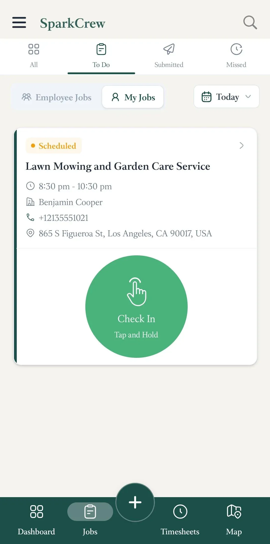 FieldTask mobile job card with tap-and-hold check-in