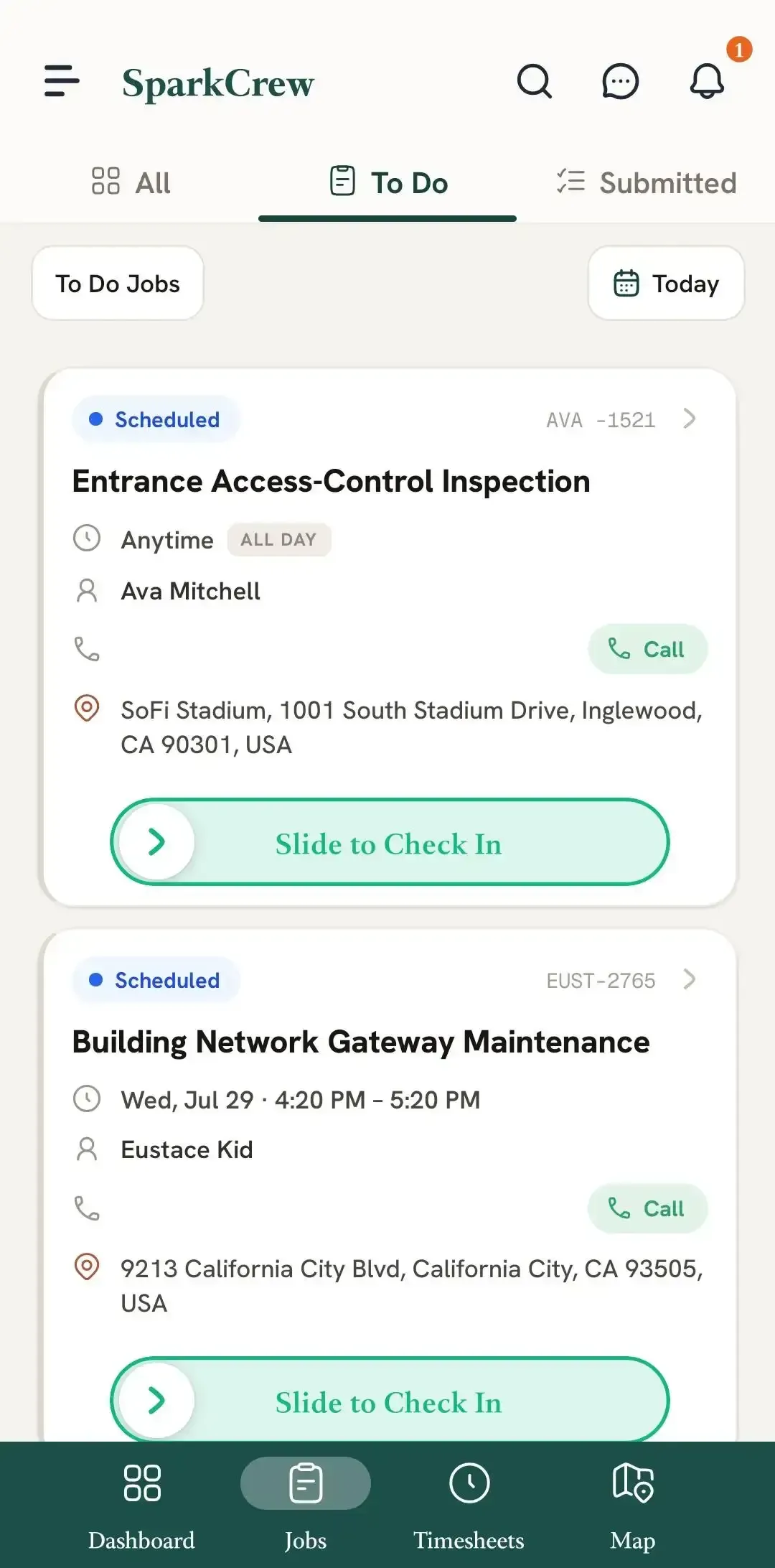 FieldTask Mobile App to-do jobs ready for check-in