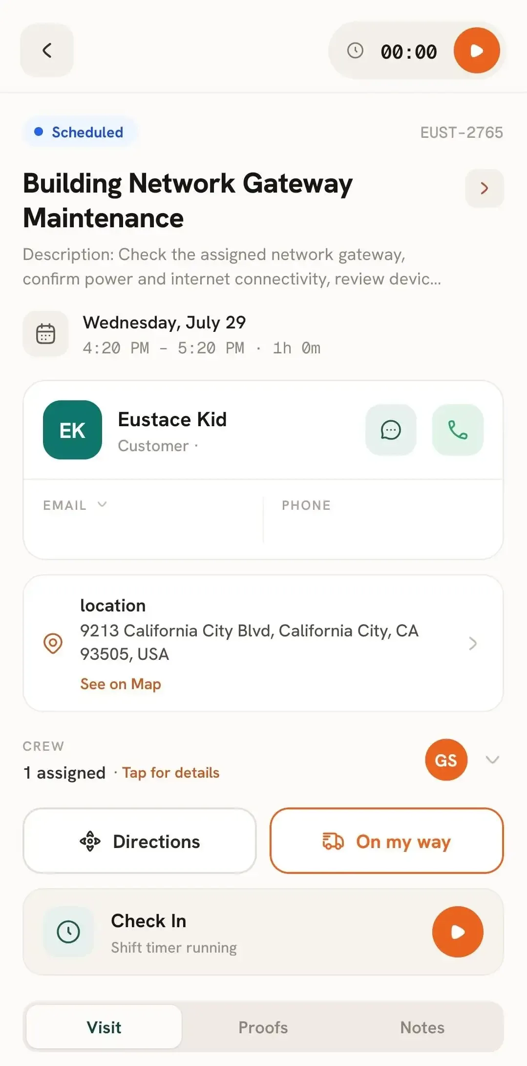 FieldTask Mobile App job details with check-in timer