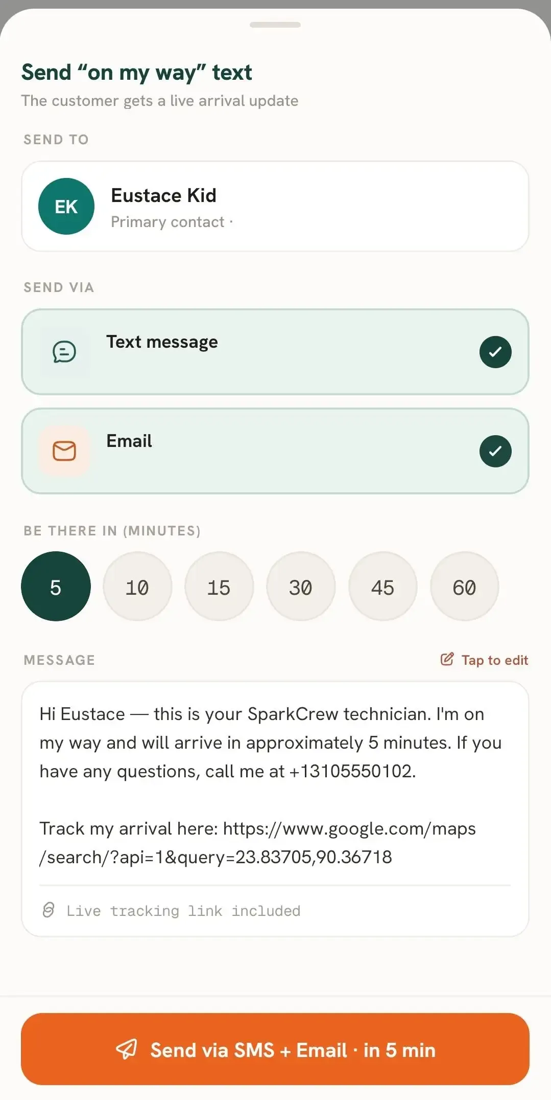 FieldTask Mobile App sends on-my-way SMS and email