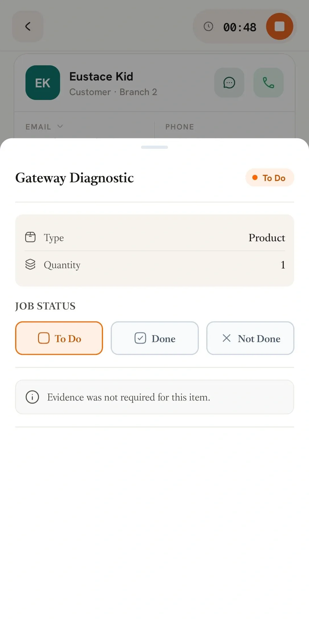 FieldTask Mobile App task status options for a product