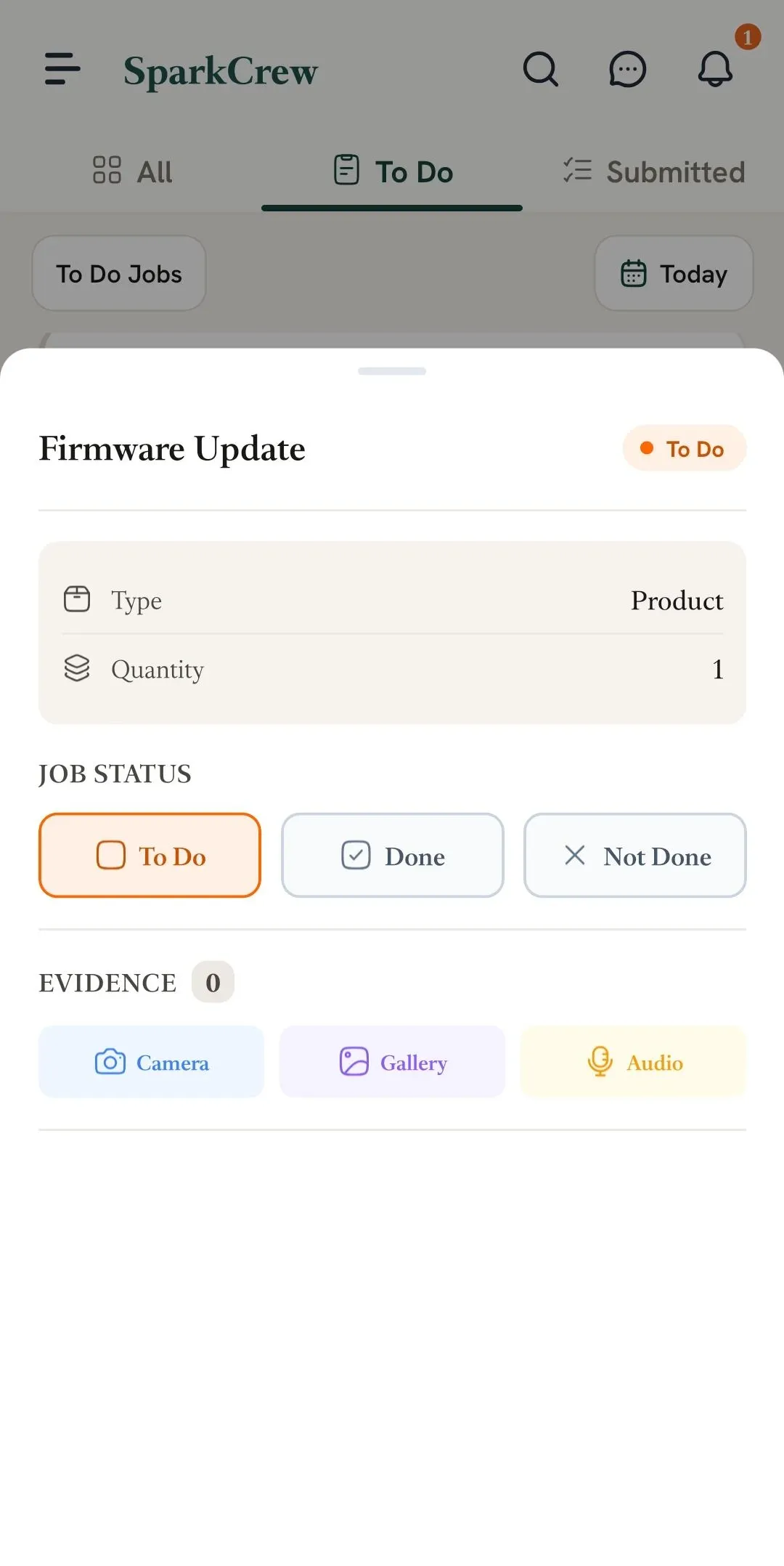 FieldTask Mobile App task evidence upload options menu