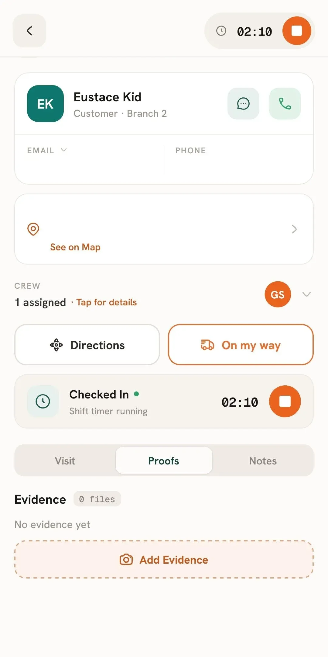 FieldTask Mobile App proof tab with Add Evidence button
