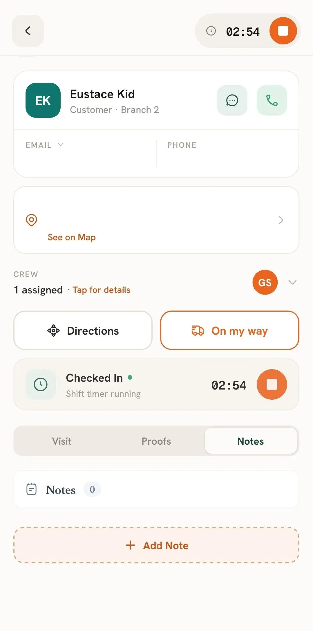 FieldTask Mobile App notes tab with Add Note button