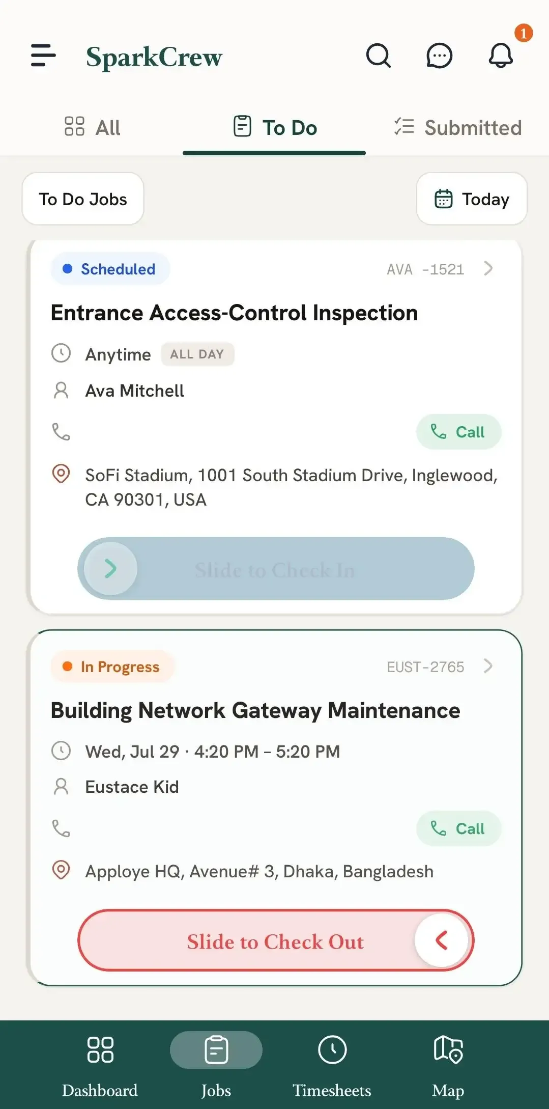 FieldTask Mobile App job card ready to slide checkout