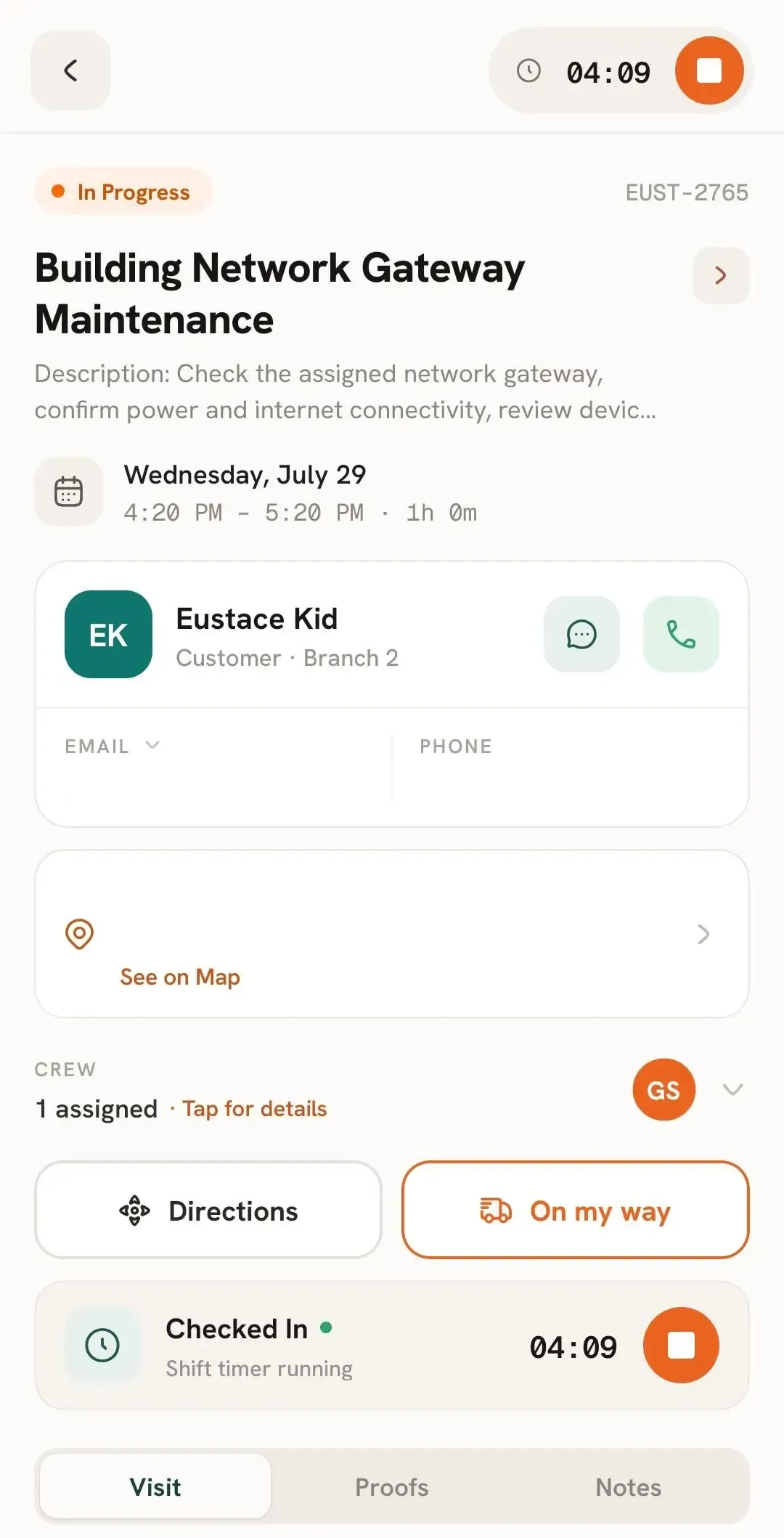 FieldTask Mobile App active job with timer and visit tab