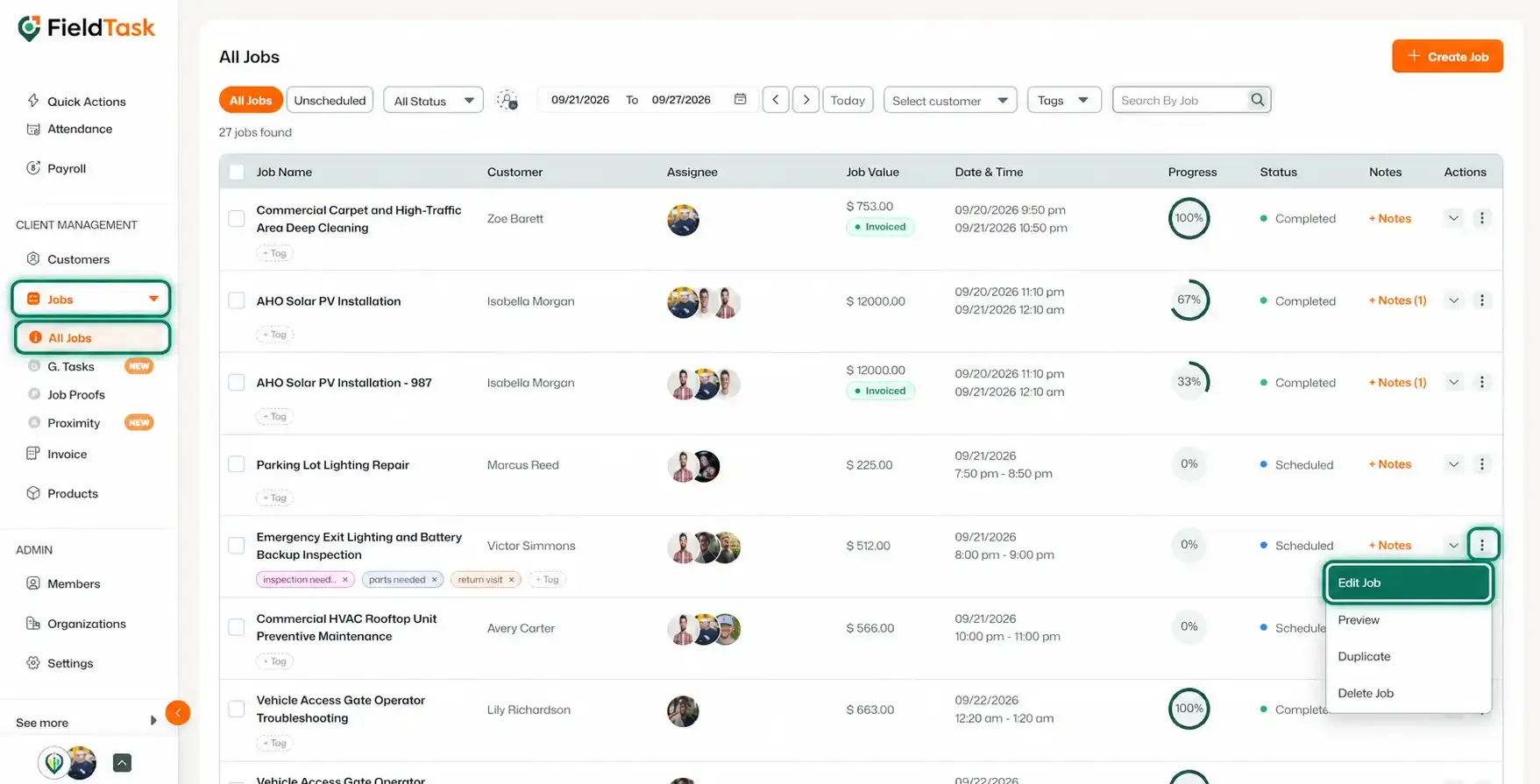 All Jobs page with Jobs menu and Edit Job action highlighted.