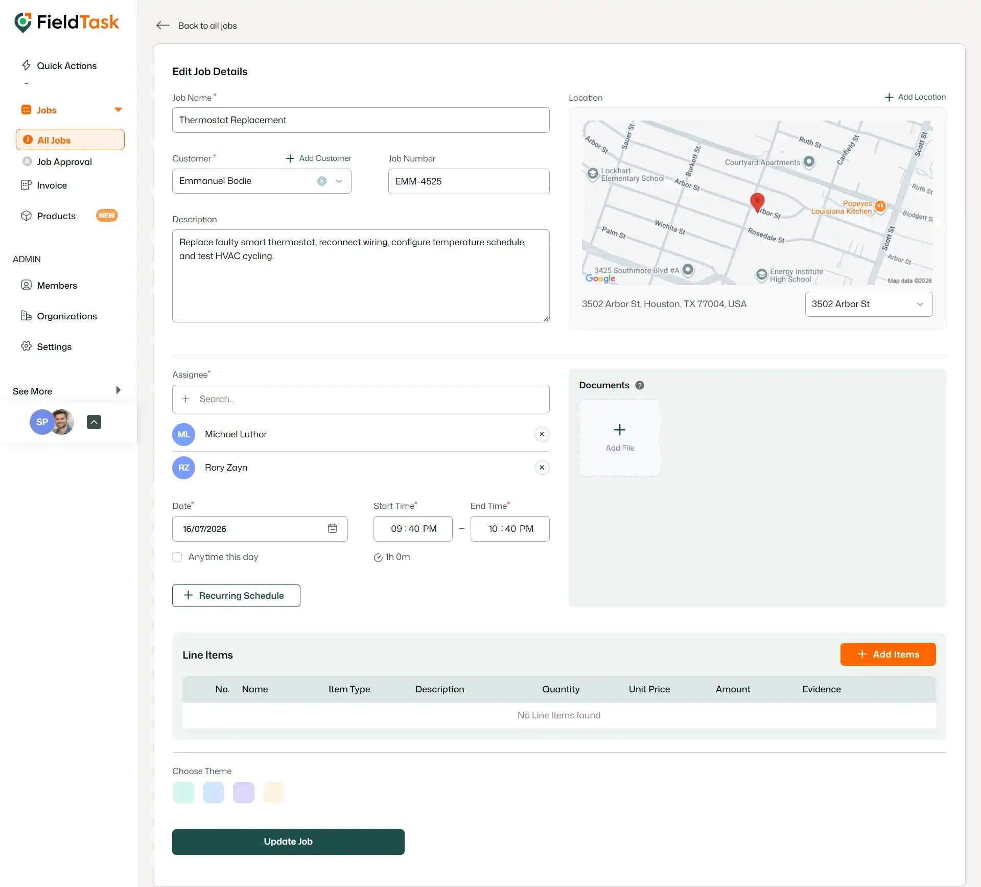 FieldTask edit job details page with job information, assignees, schedule, and update controls