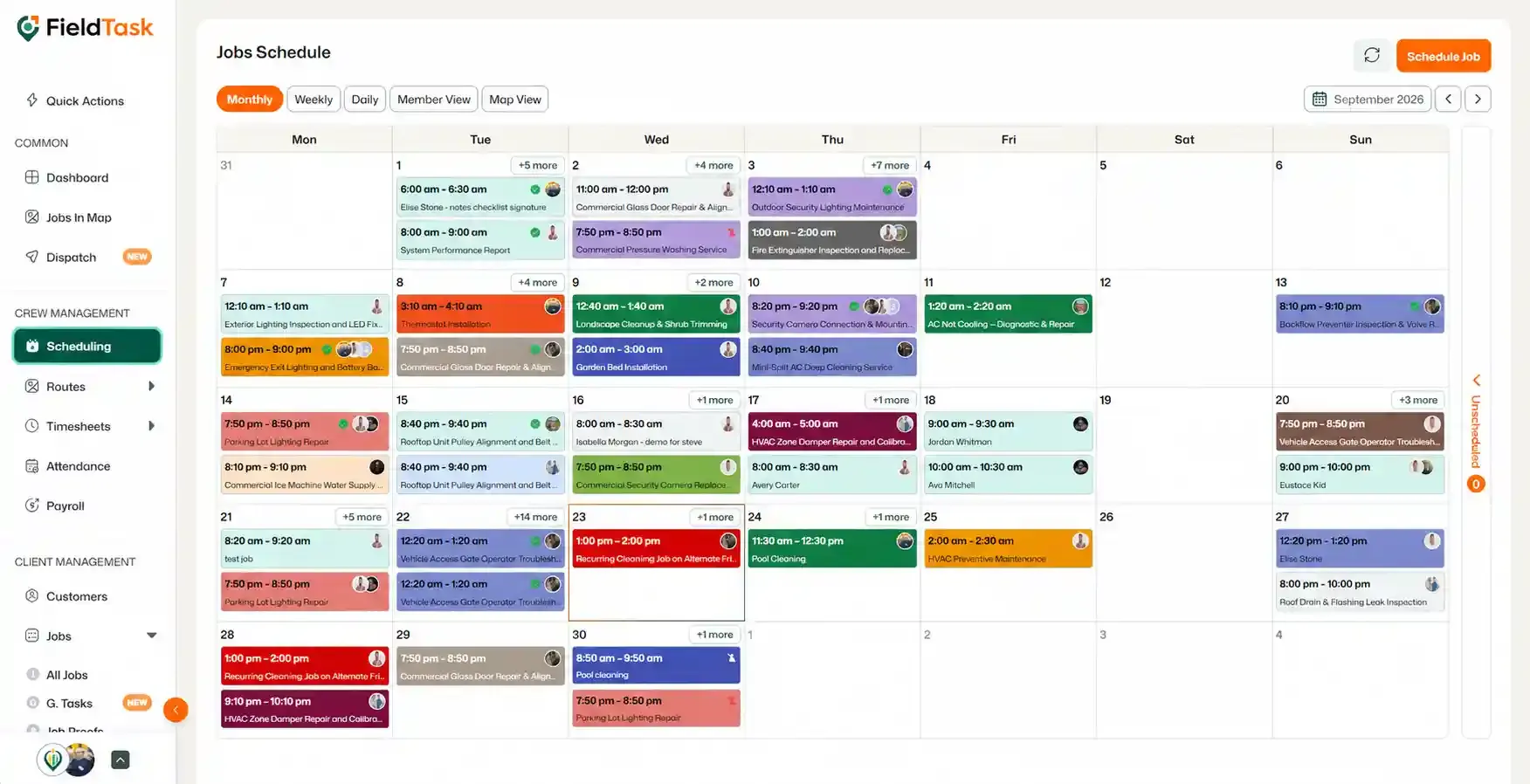 Jobs Schedule calendar with Scheduling sidebar item highlighted