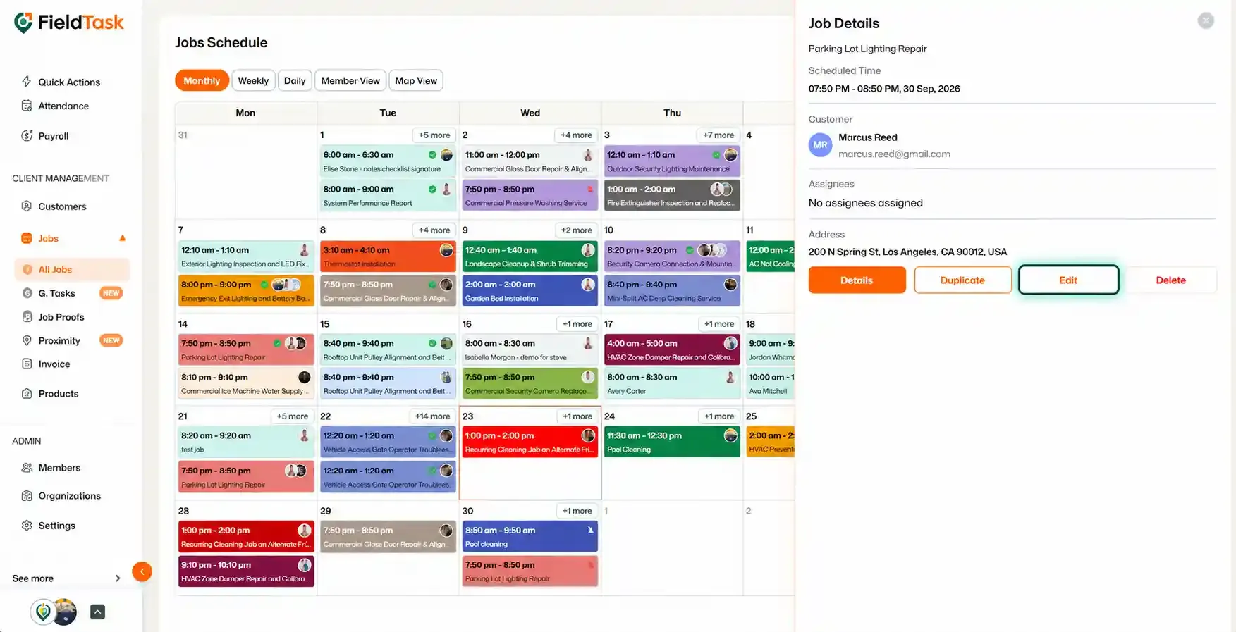 Job Details panel with Edit button highlighted on schedule view.
