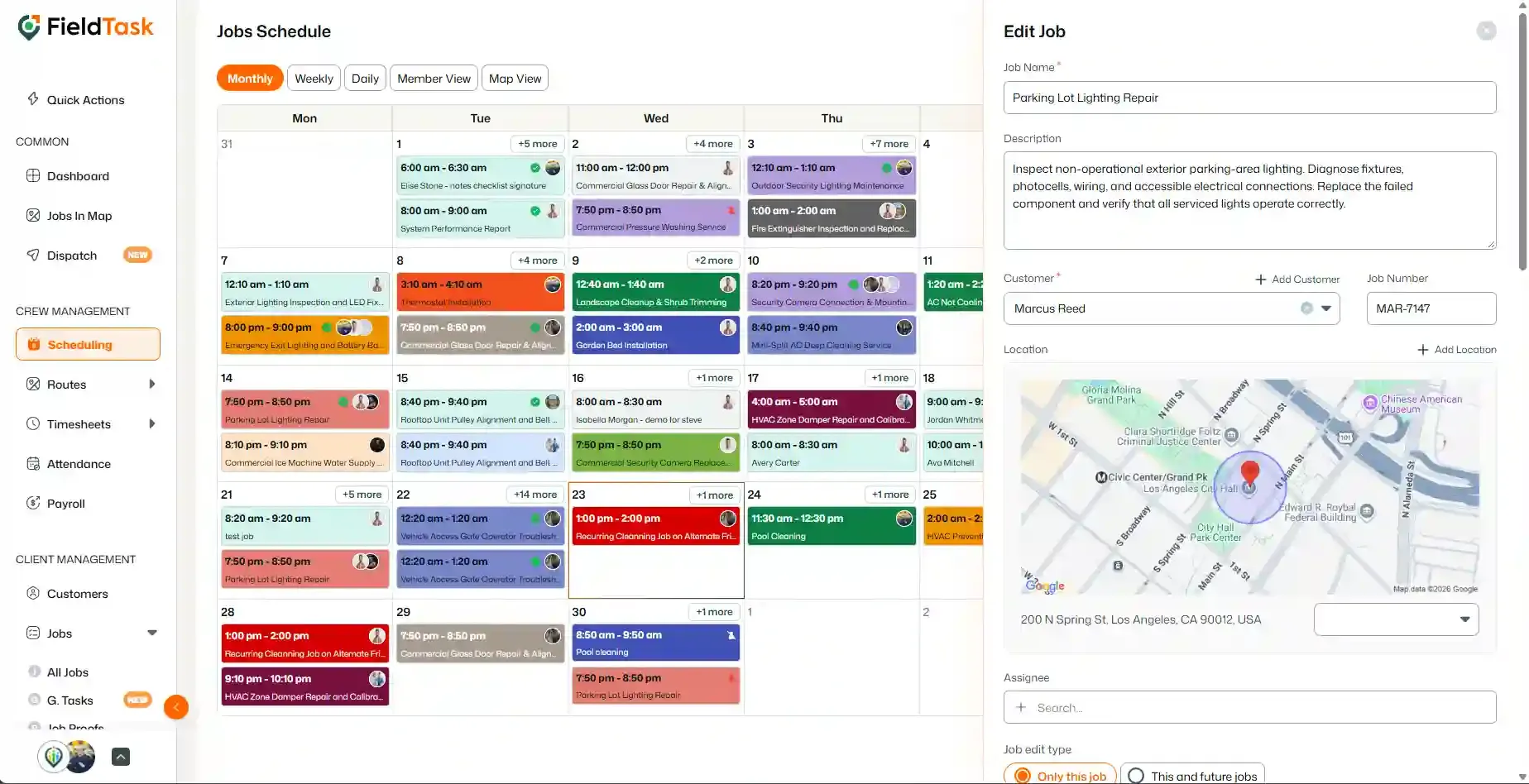 Edit Job side panel open beside the monthly scheduling calendar.