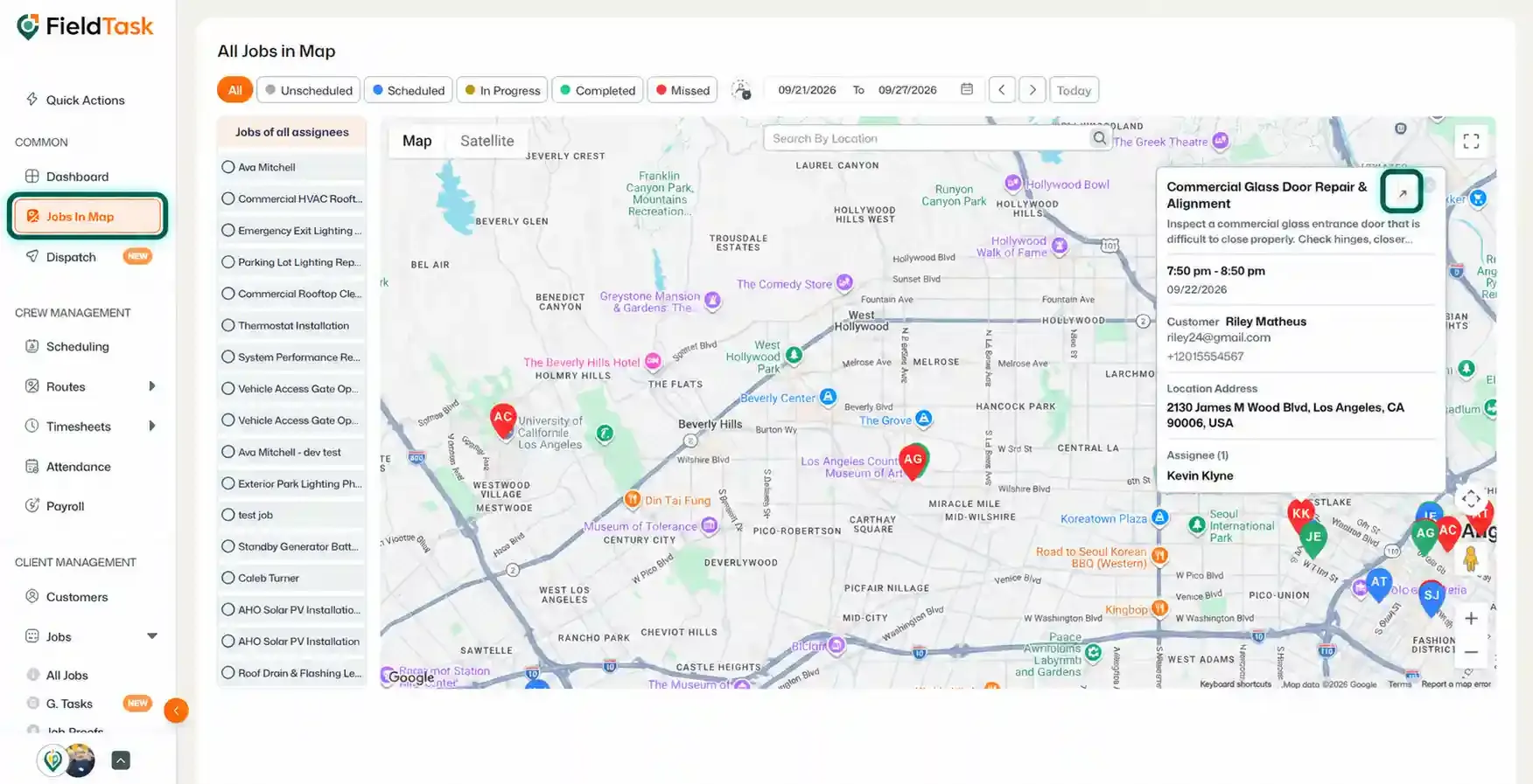 Jobs in Map page with sidebar and map card icon highlighted.