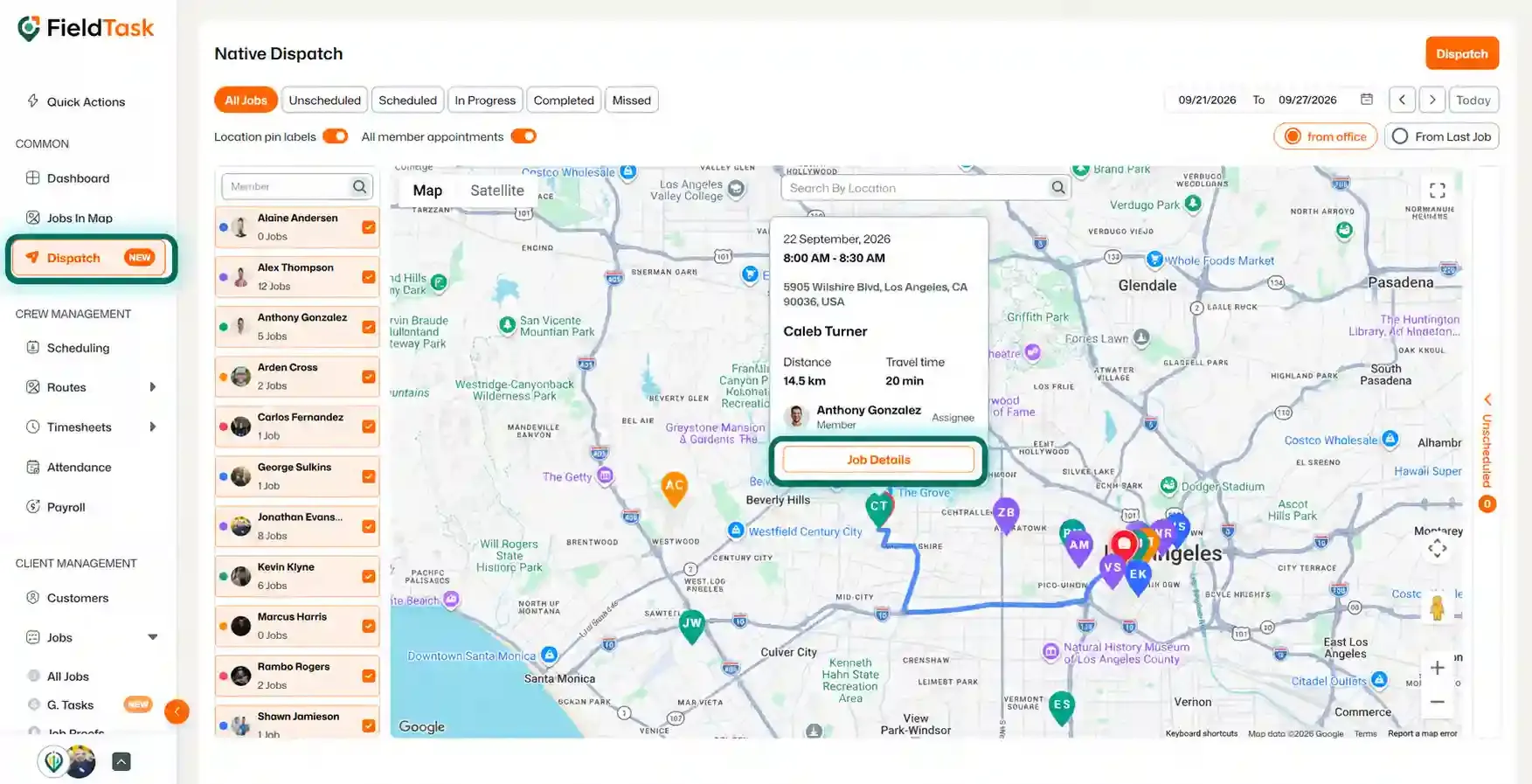 Native Dispatch map with Dispatch and Job Details highlighted.