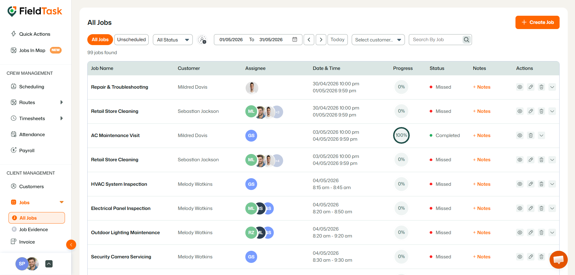 FieldTask all jobs list with status and progress data
