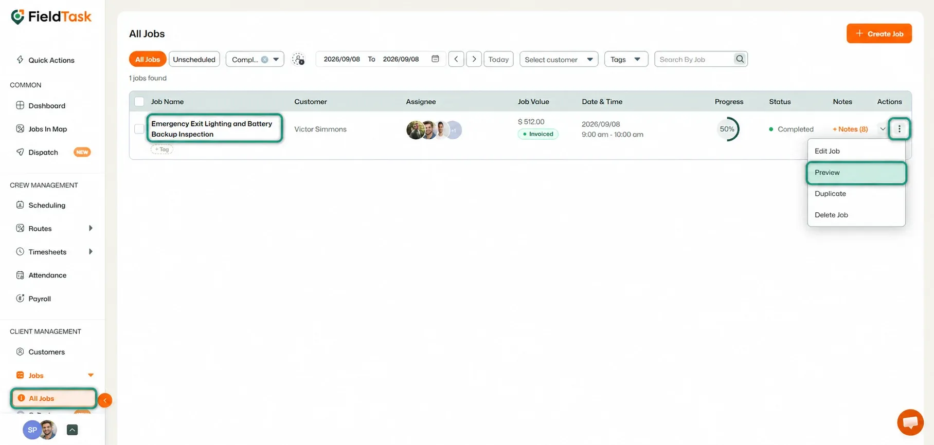 Job schedule showing selected job details and highlighted Details button.