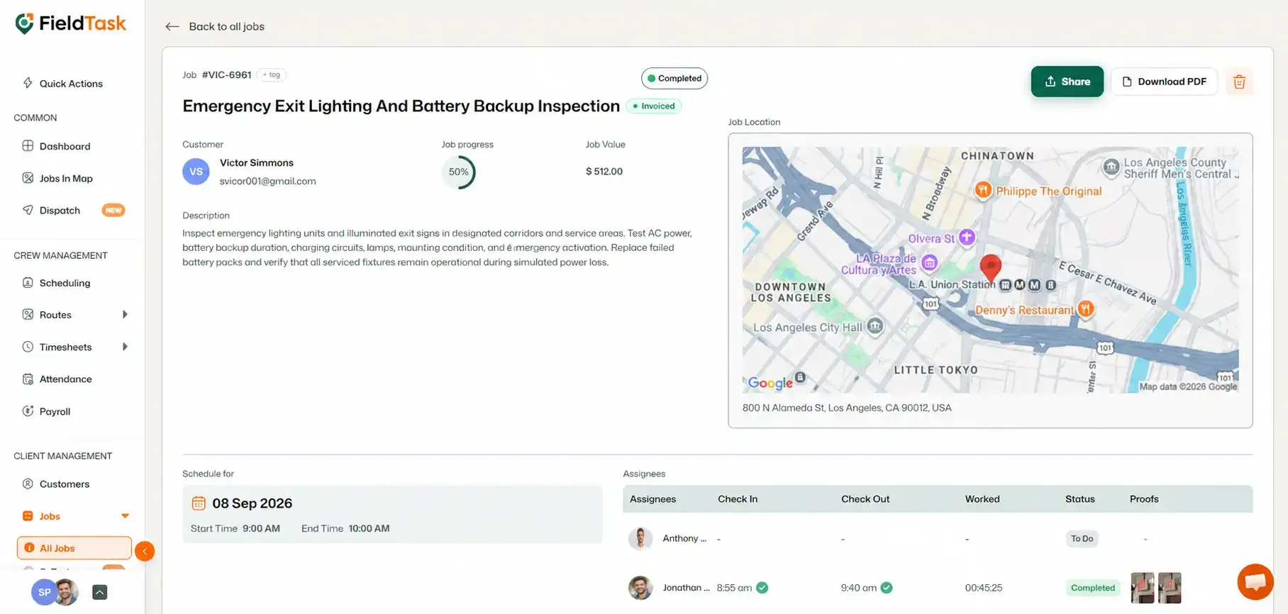 Job details page with the Download PDF button highlighted.