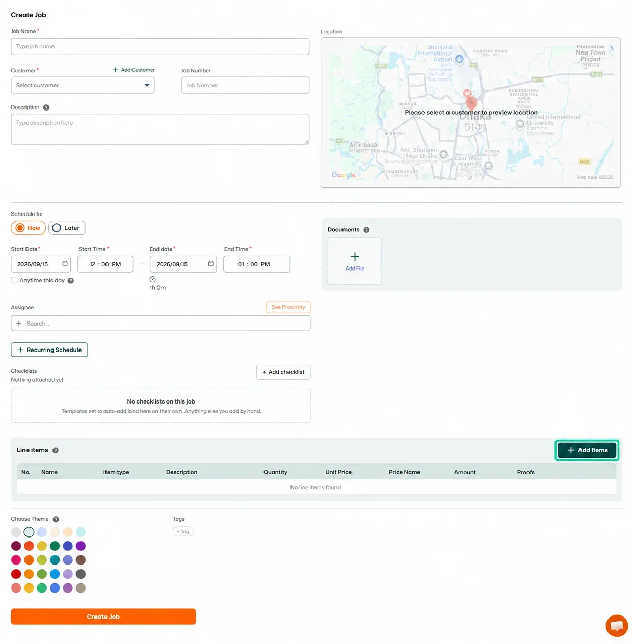 Create Job form with Add Items button highlighted