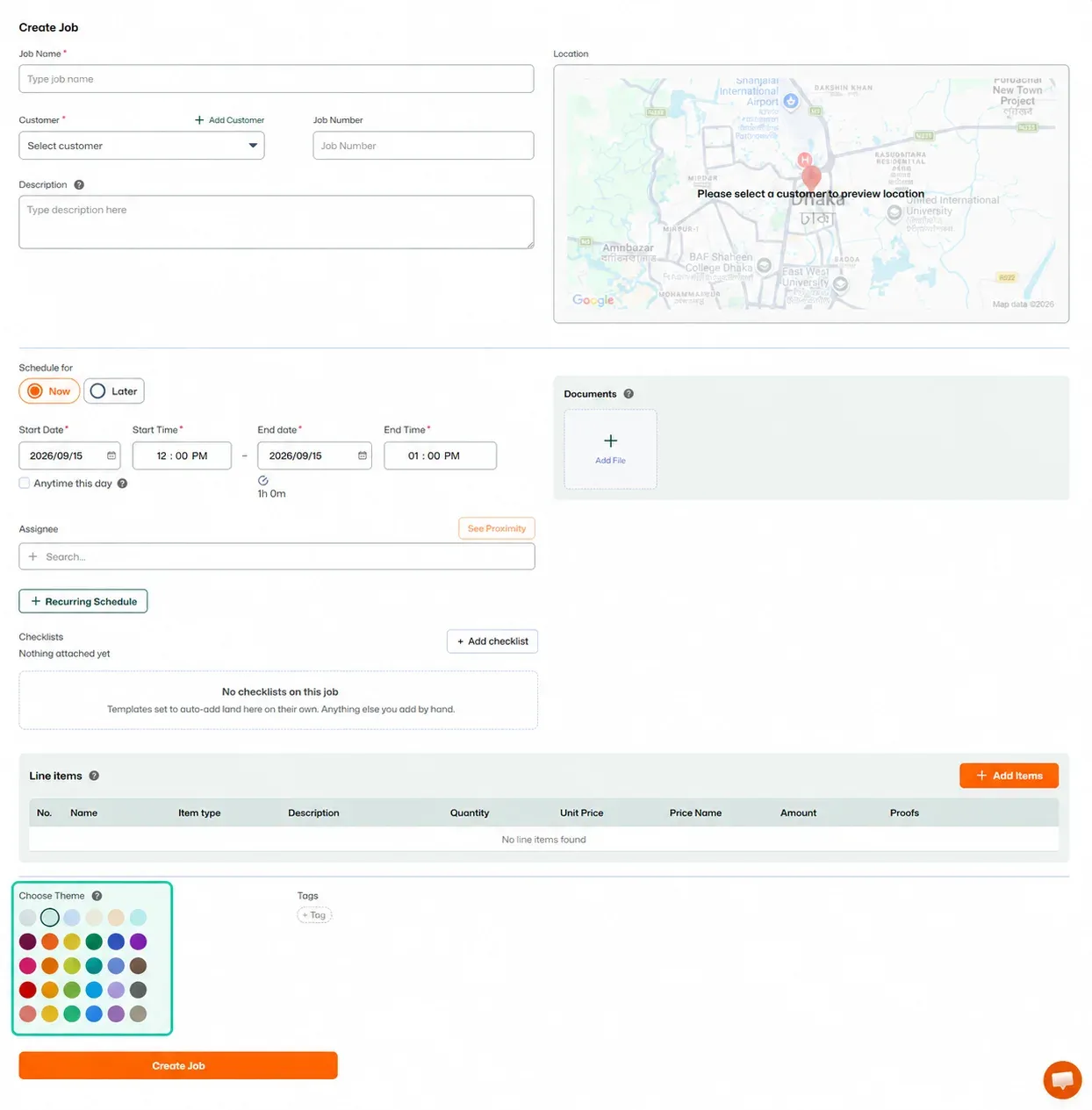 Create Job form with choose Theme section highlighted