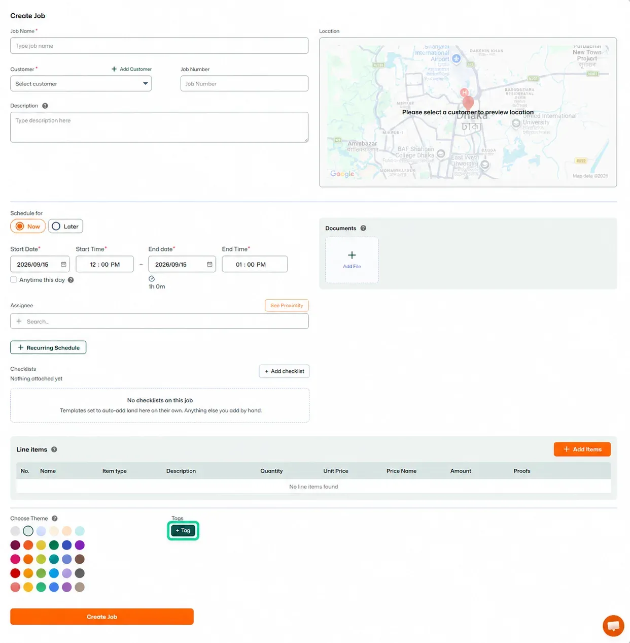 Create Job form with Tags button highlighted