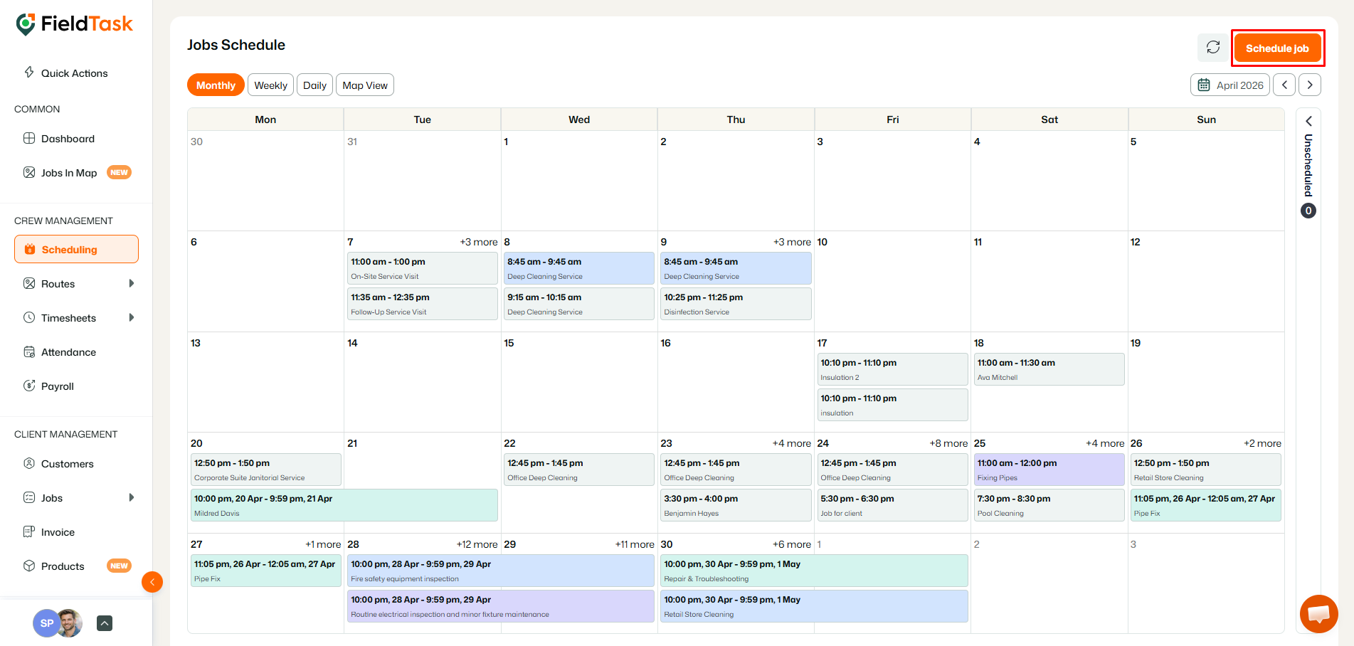 FieldTask Jobs Schedule with Schedule Job highlighted