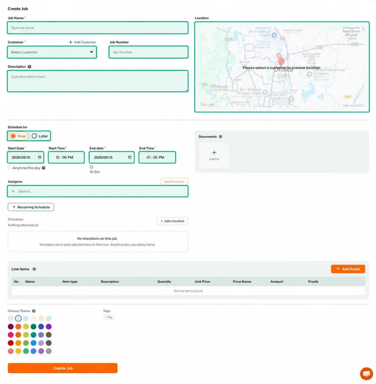 Create Job form with multiple fields highlighted