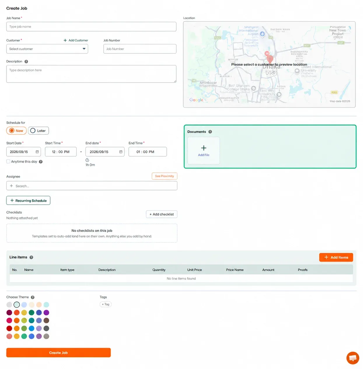 Create Job form with Documents section highlighted