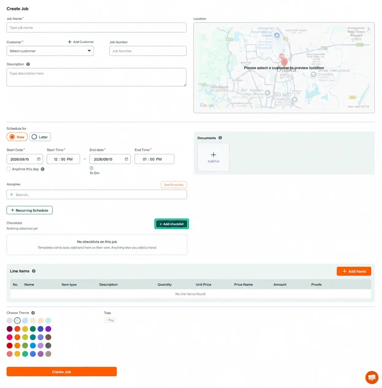Create Job form with Add Checklist button highlighted