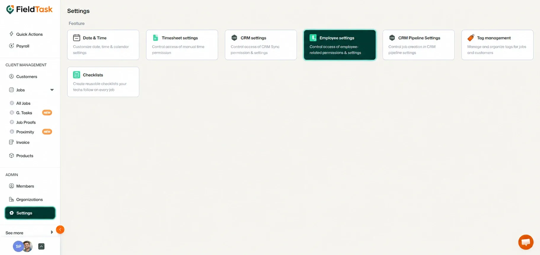 FieldTask Settings page with Employee Settings highlighted.