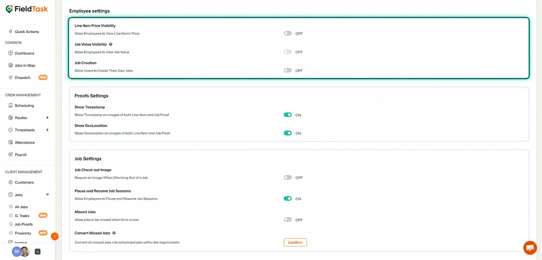 Employee Settings page with the first settings section highlighted