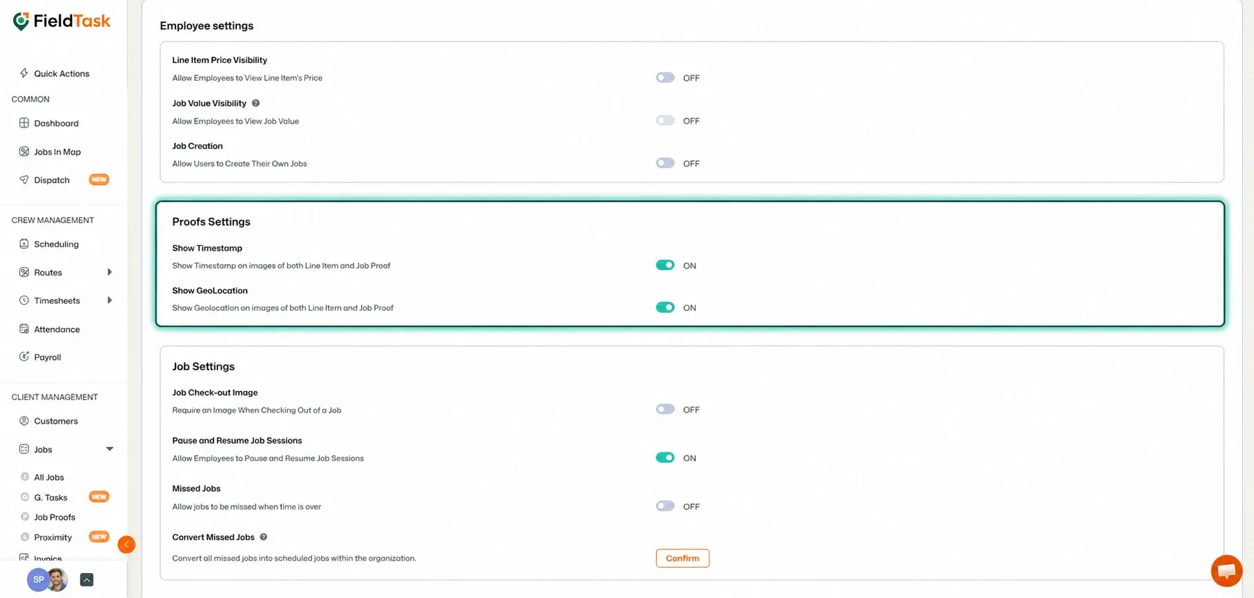 Employee Settings page with Proofs Settings section highlighted.