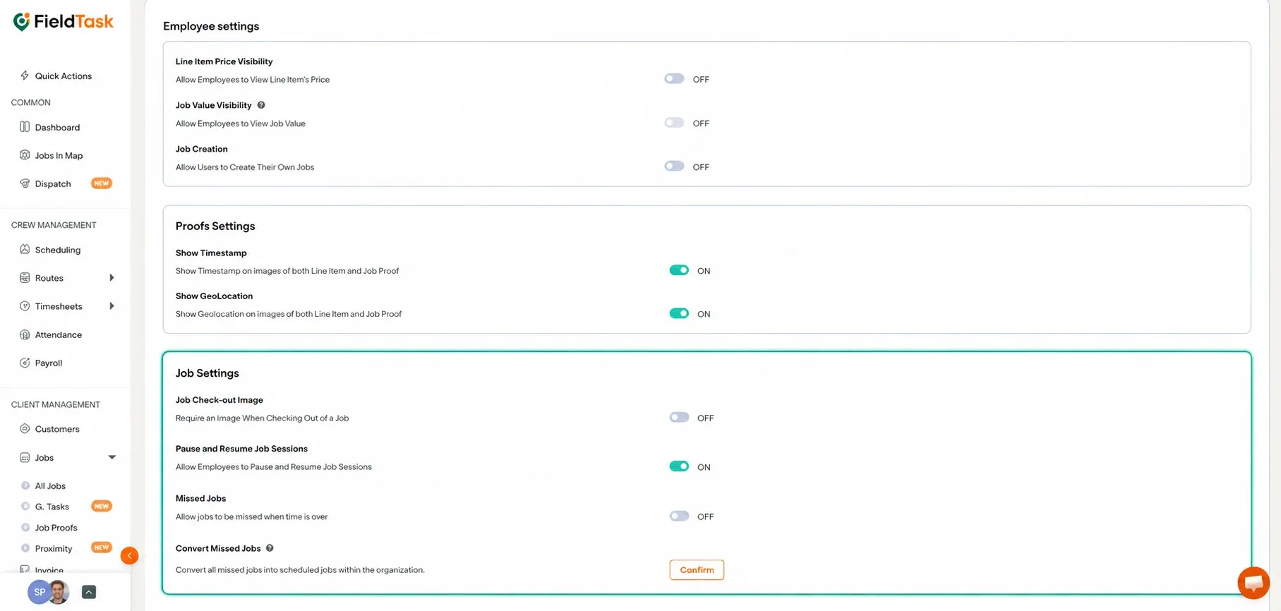 Employee Settings page with Job Settings section highlighted.