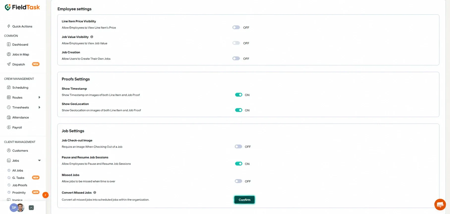 Employee Settings page with the Confirm button highlighted.