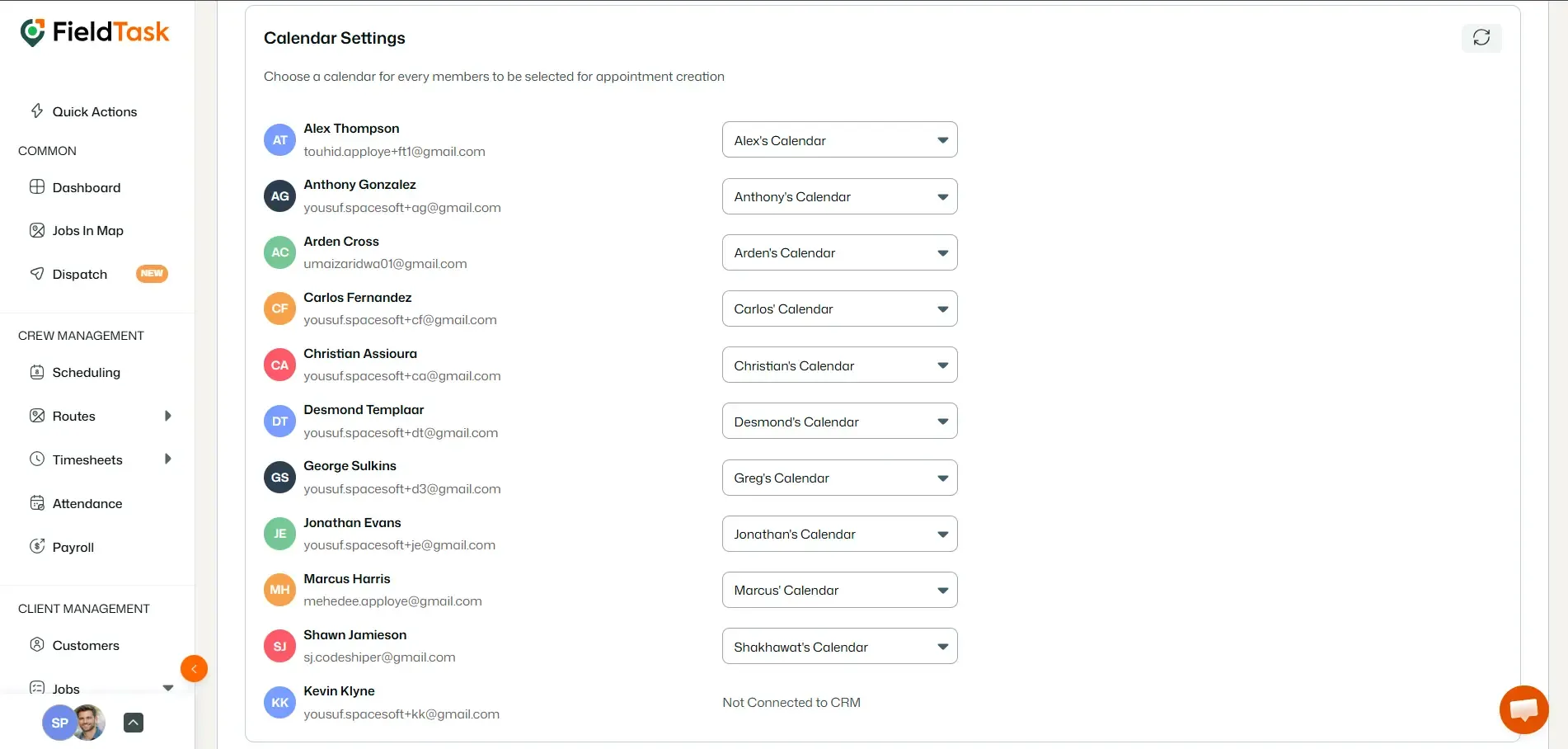 Calendar Settings page showing employee calendar assignments.