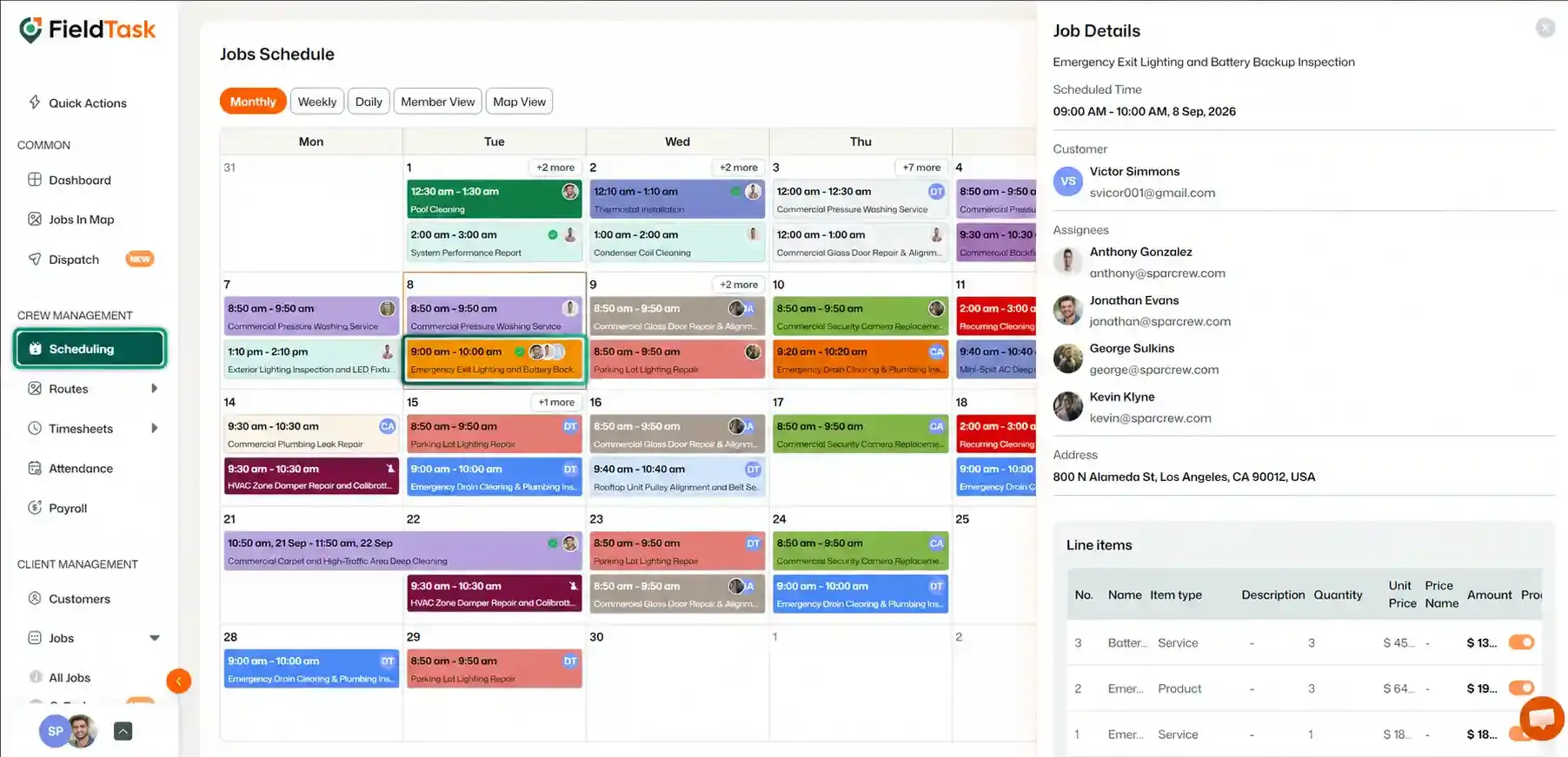 Schedule view with Sep 8 lighting job and details panel