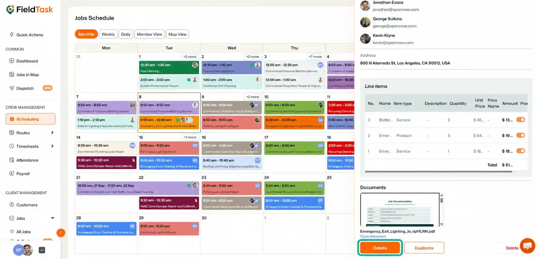 Job schedule showing line items and highlighted Details