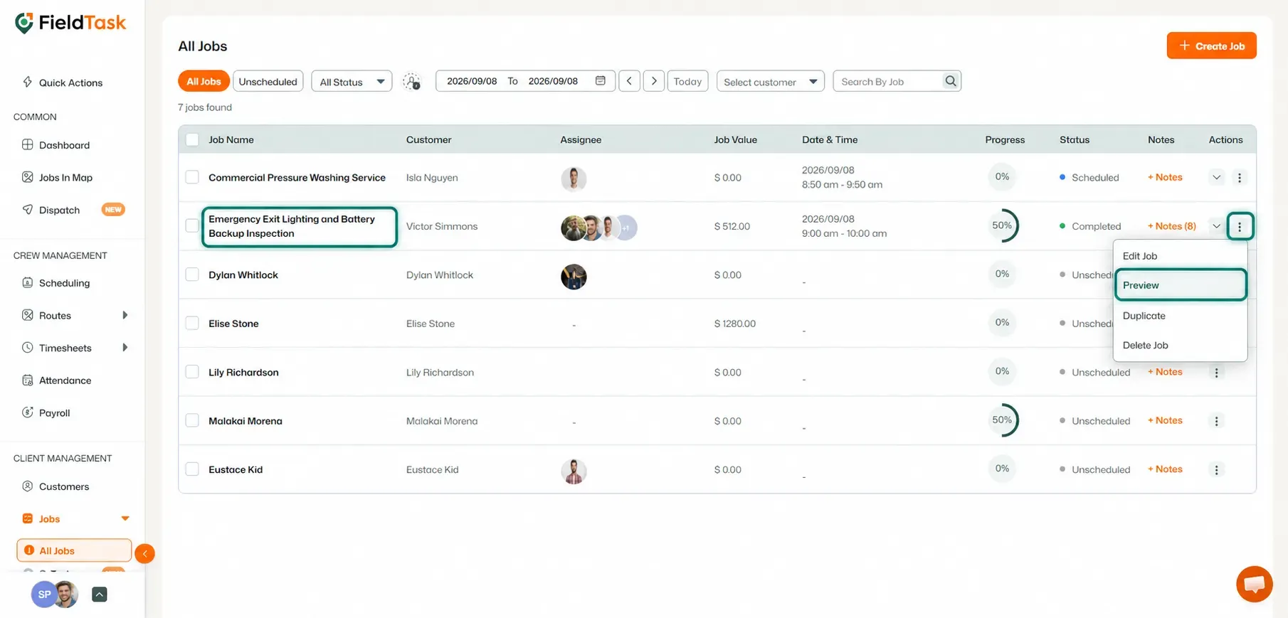All Jobs list with lighting job and Preview highlighted