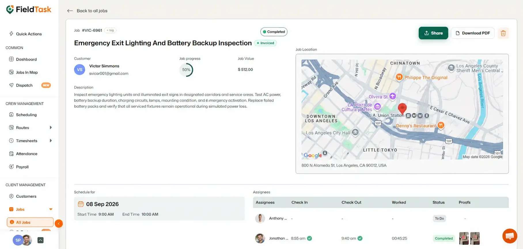Job details page with Share button highlighted at top