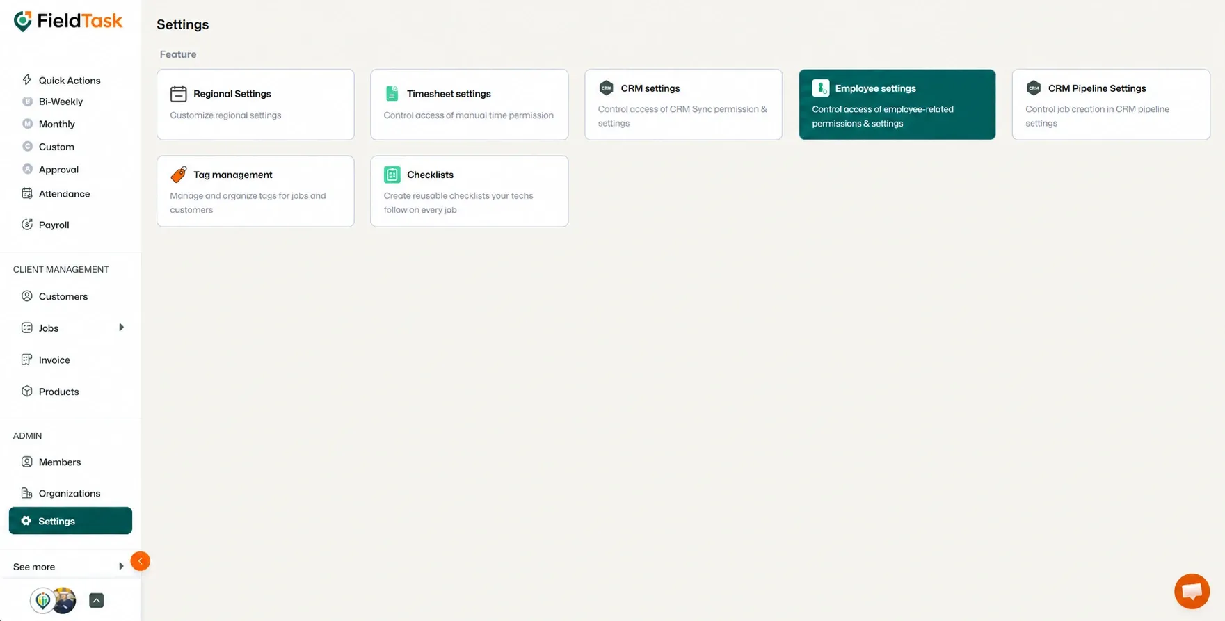 FieldTask settings page with the Employee Settings section highlighted.