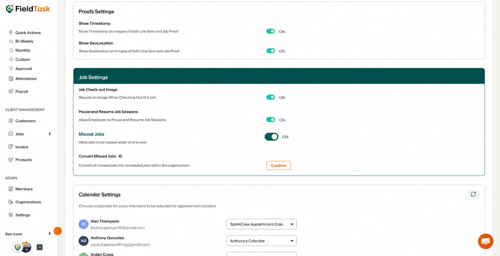 FieldTask Job Settings with the Missed Jobs toggle highlighted.