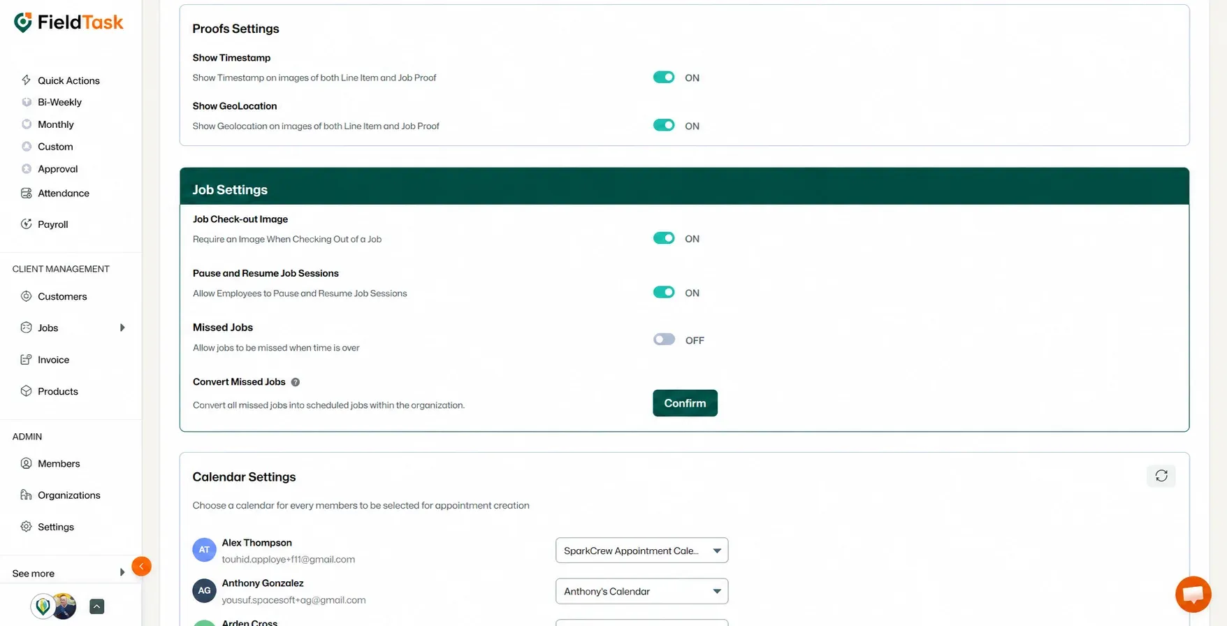 FieldTask Job Settings with the Confirm button highlighted in teal.
