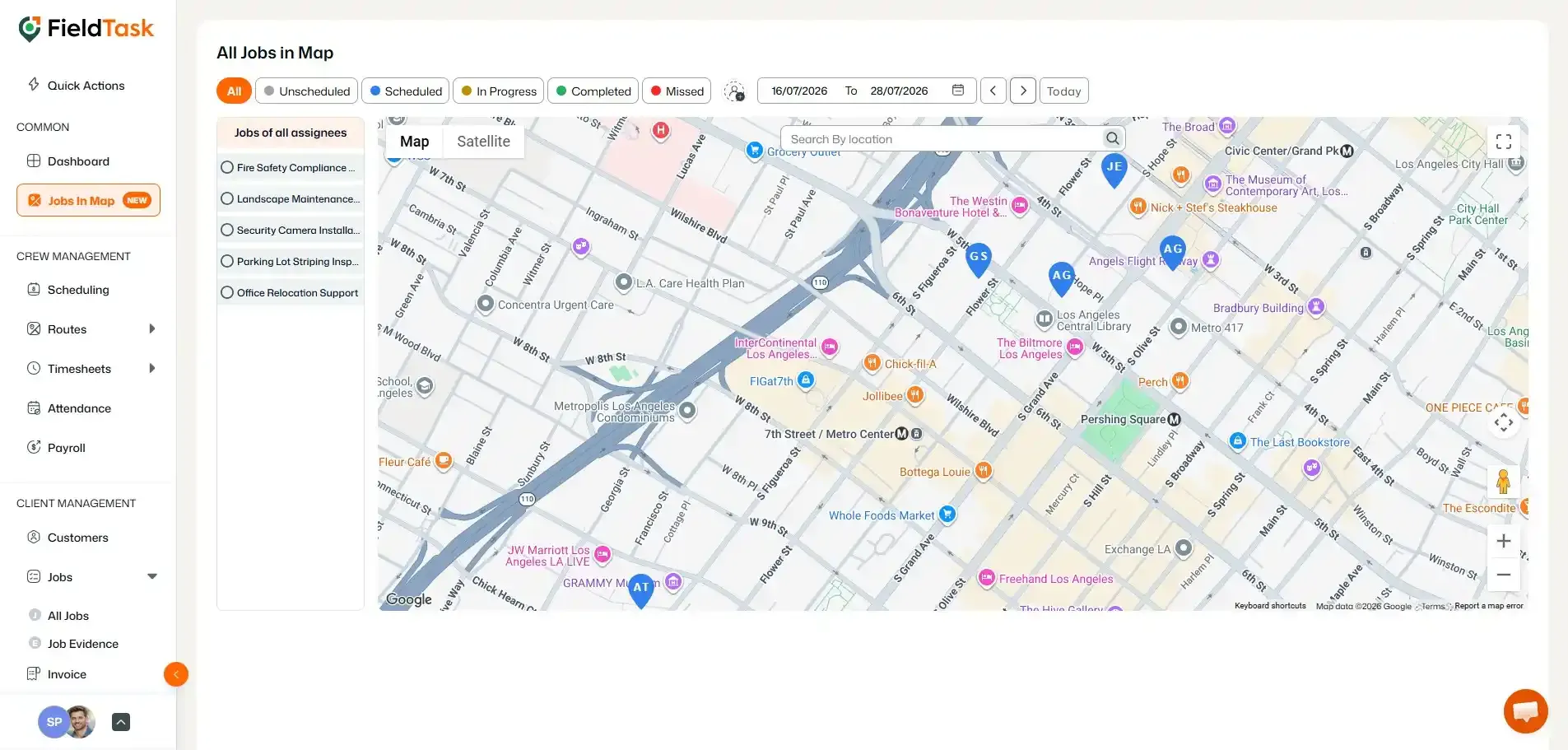 FieldTask Jobs in Map view with filters and location pins