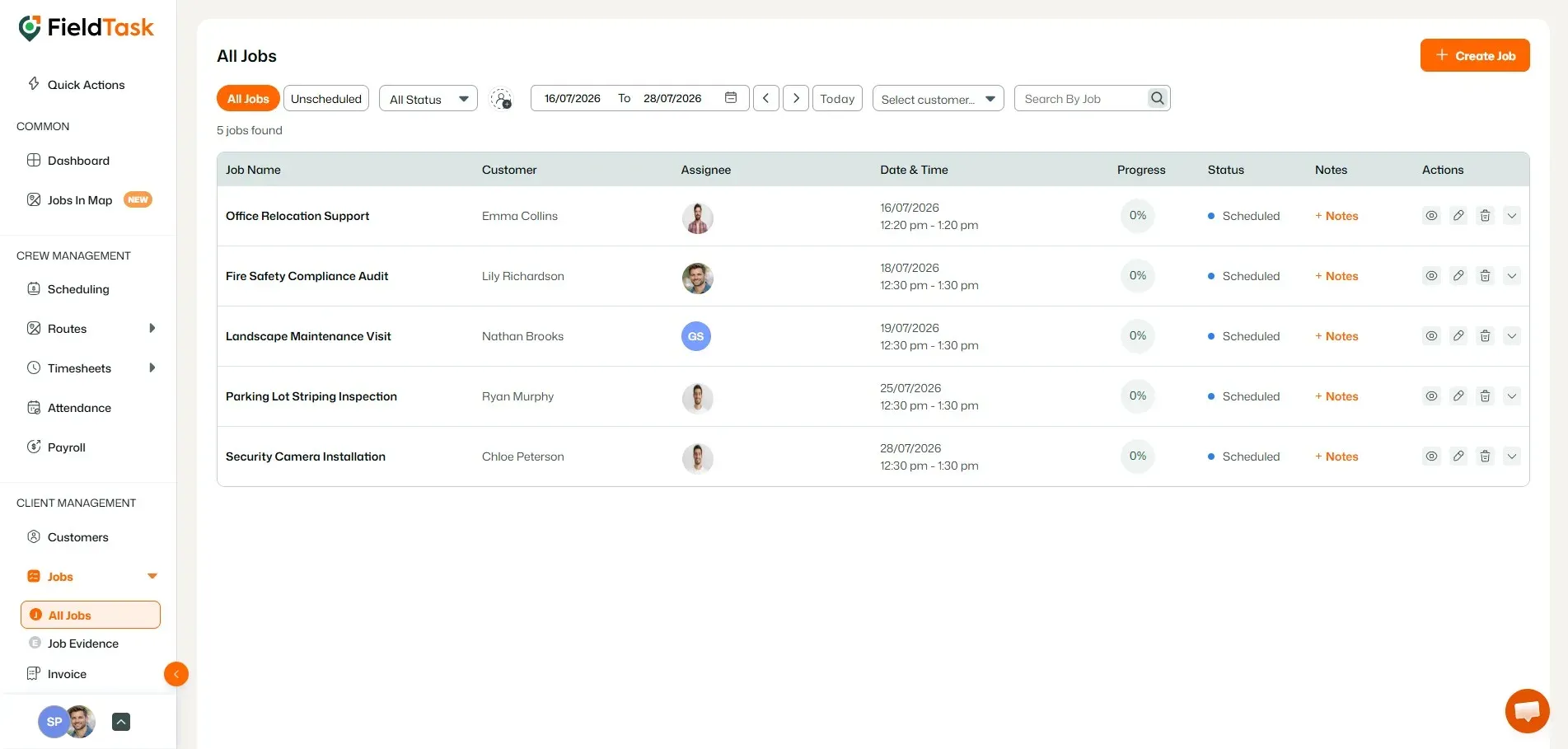 FieldTask All Jobs list with scheduling filters and status