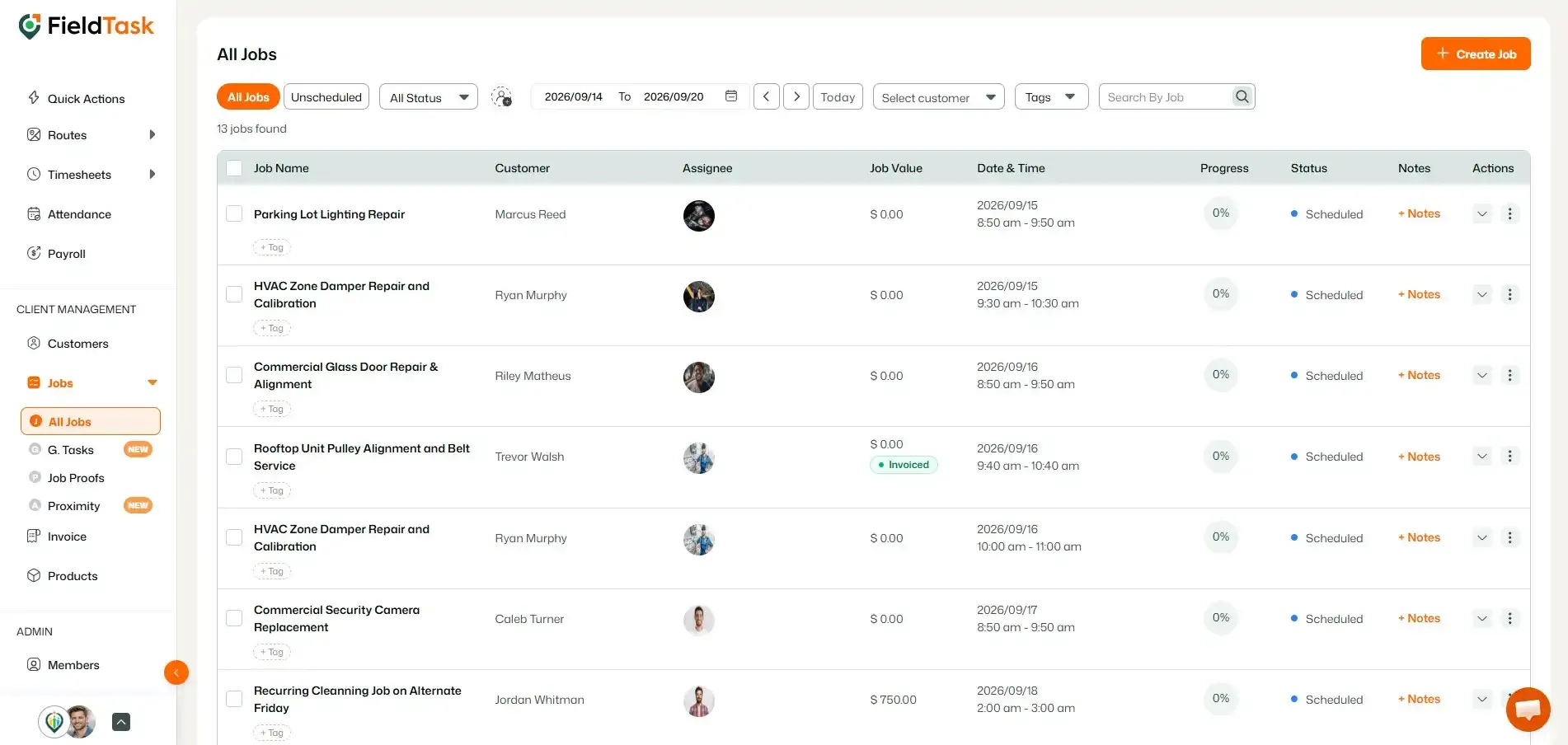FieldTask All Jobs page