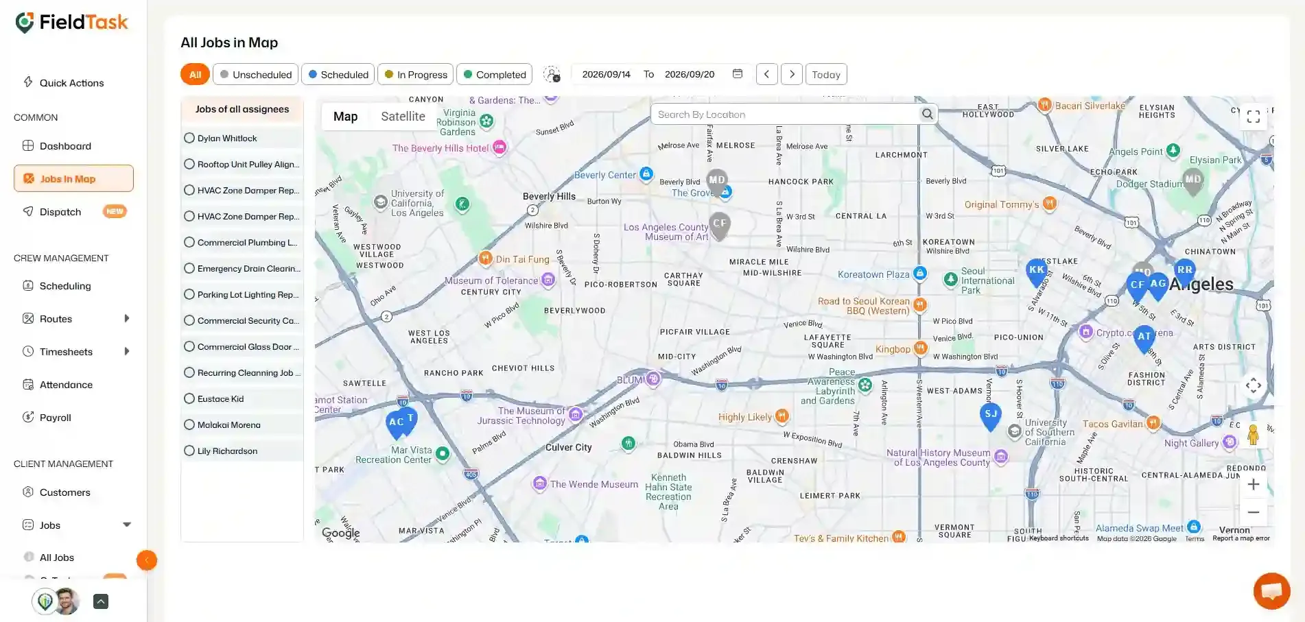 Jobs in Map showing assigned jobs across Los Angeles