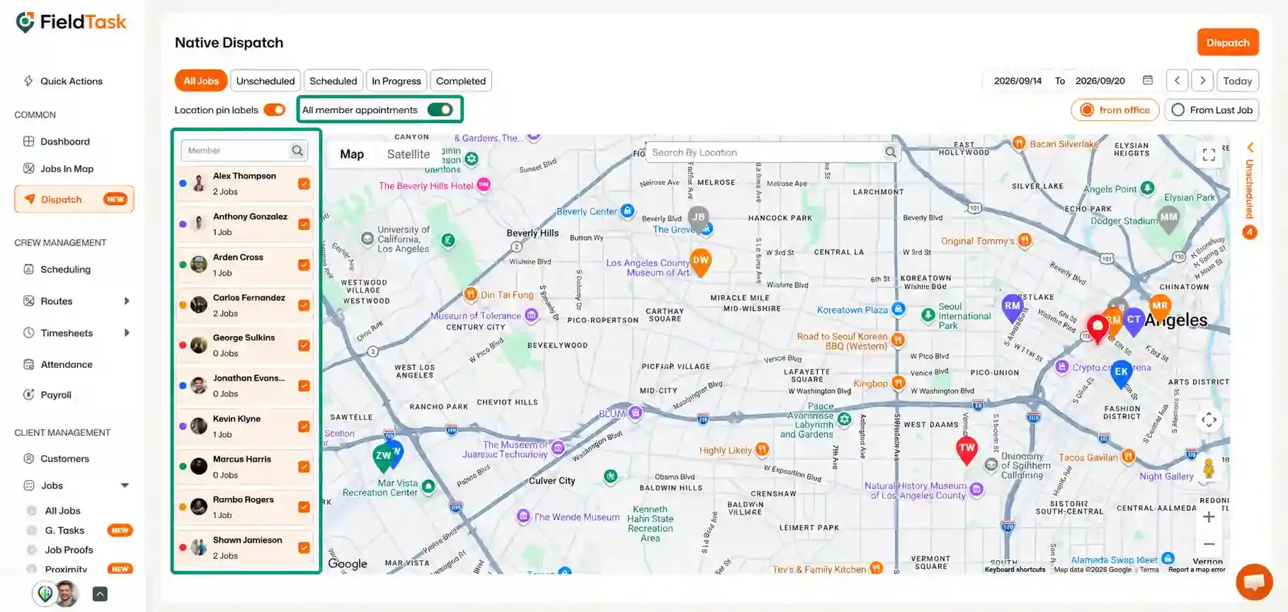 Dispatch map with highlighted member appointments panel