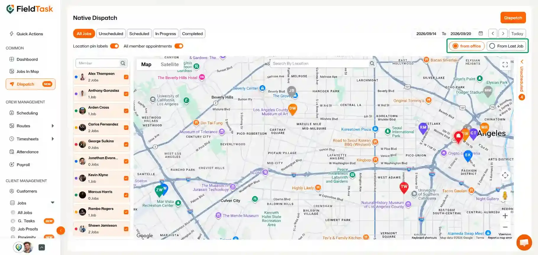 Dispatch map with From Office and From Last Job options
