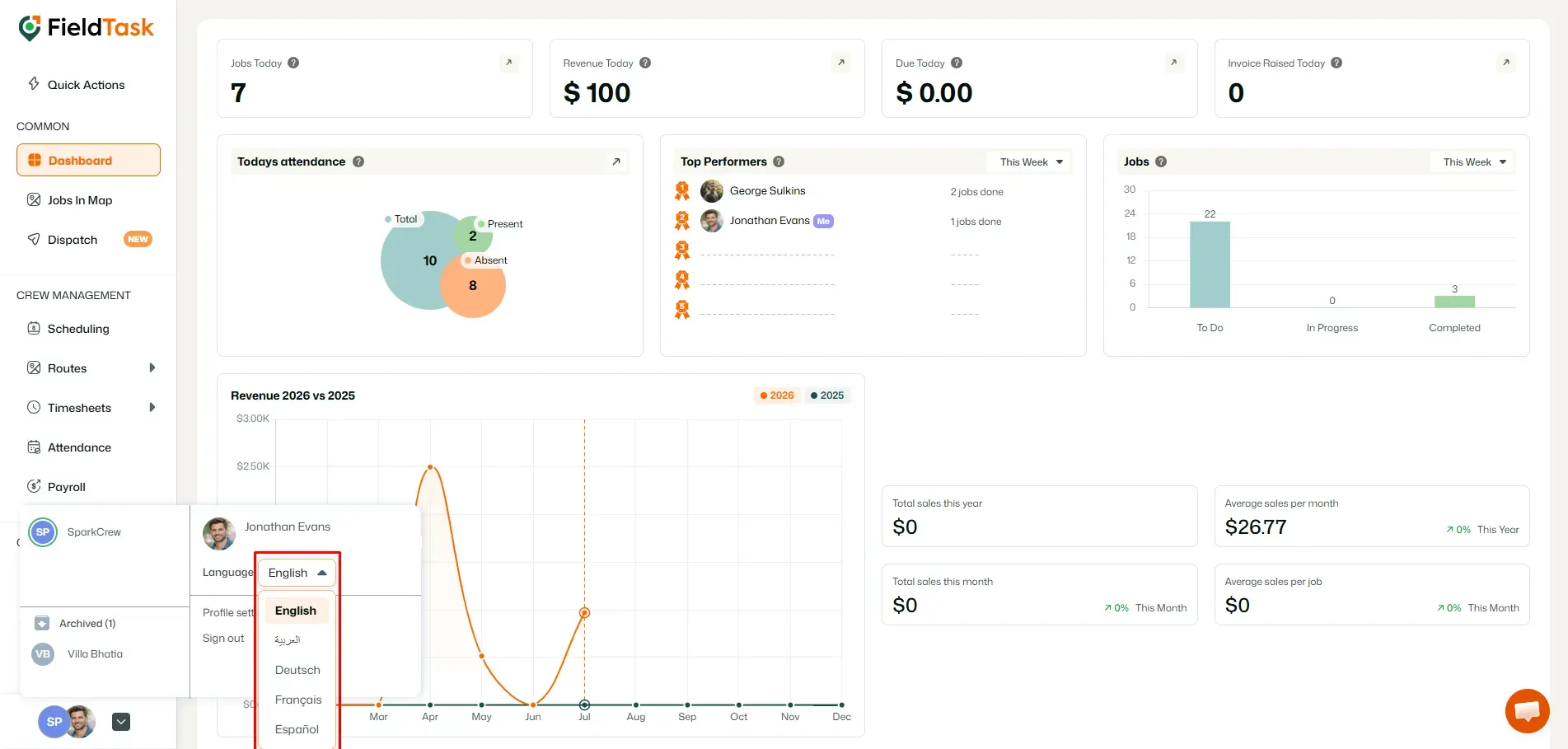 FieldTask Web App language selector on dashboard