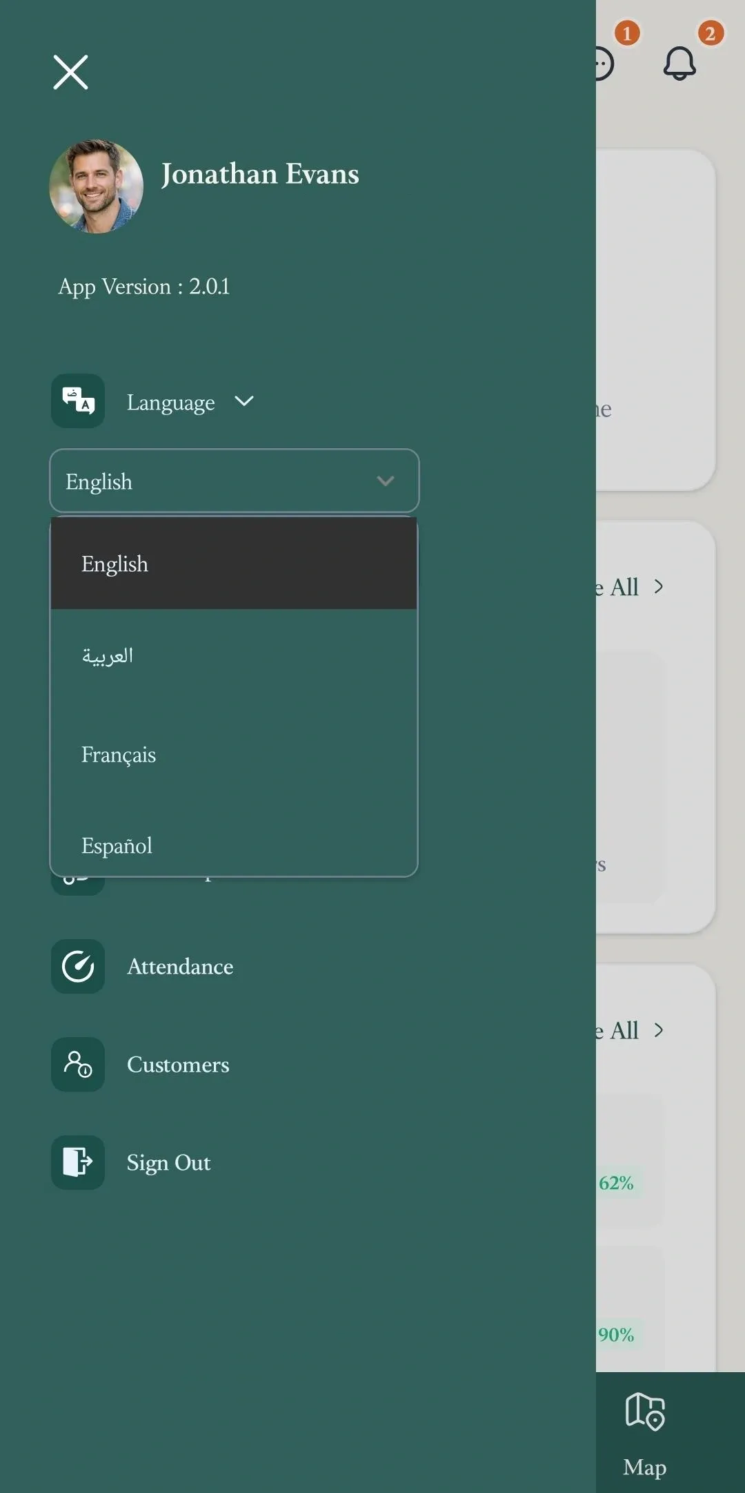 FieldTask Mobile App menu with language options open