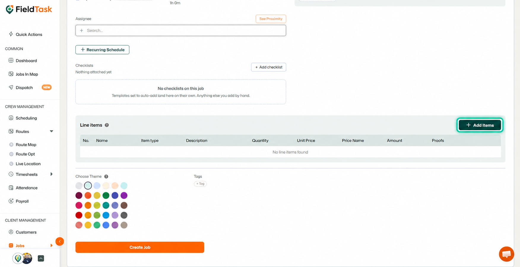 Add Items button highlighted in FieldTask job line items section
